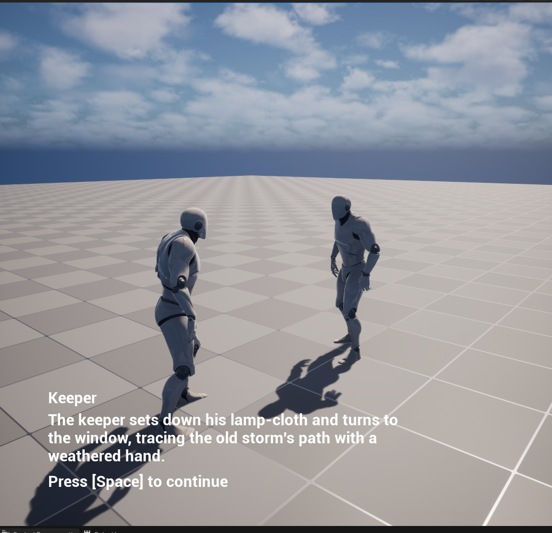 The gesture beat in play: the tagged character animating while the widget shows the keeper's stage-direction line