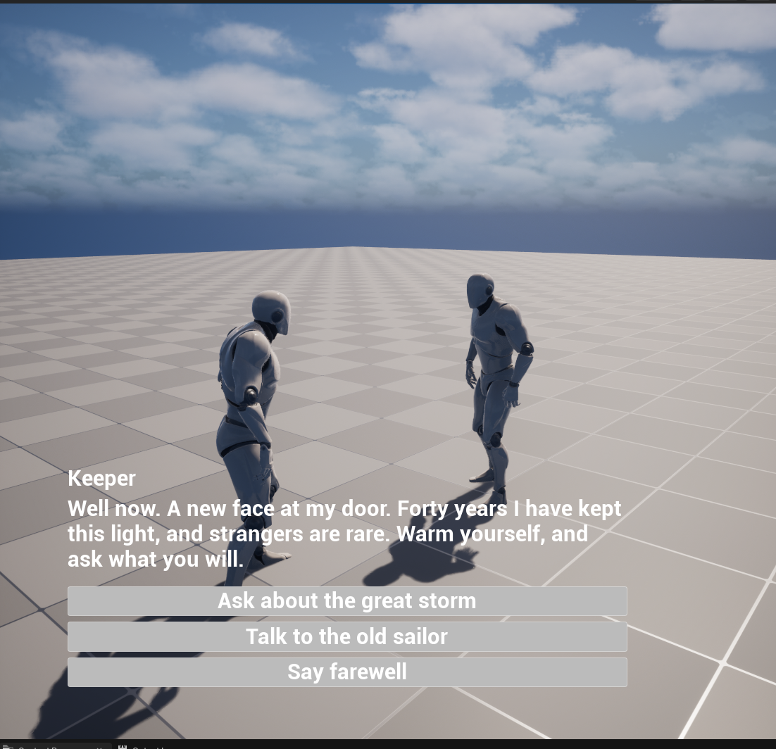The choice hub in play: the widget showing the three authored choice buttons over the scene