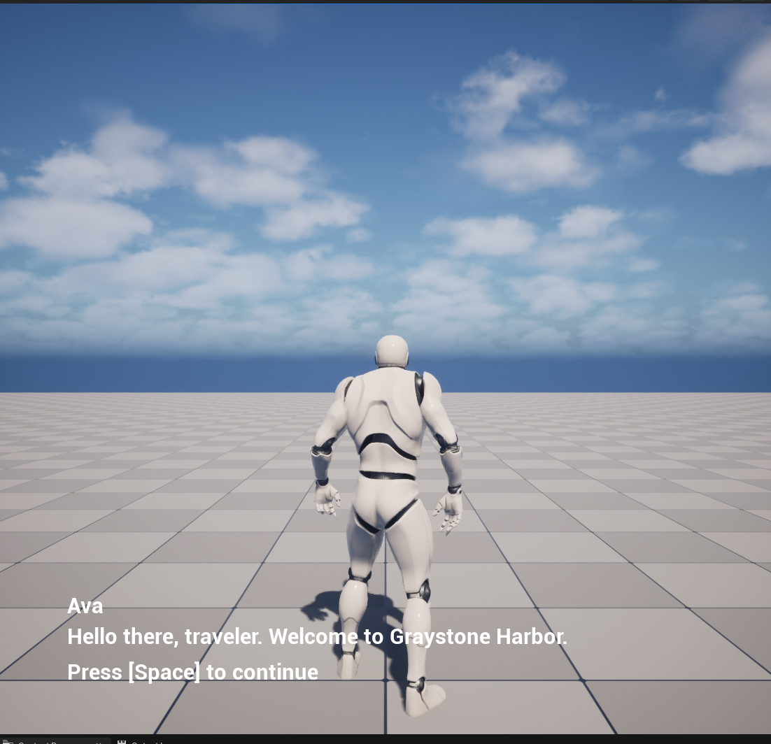 The smoke conversation's first line in play in its test level: the dialogue widget showing the speaker name, the line text, and the continue hint