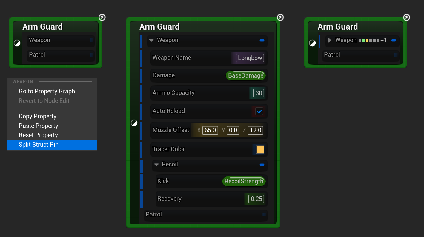 The same struct property unsplit with the Split Struct Pin menu entry, split into sub-pins, and split with its header collapsed
