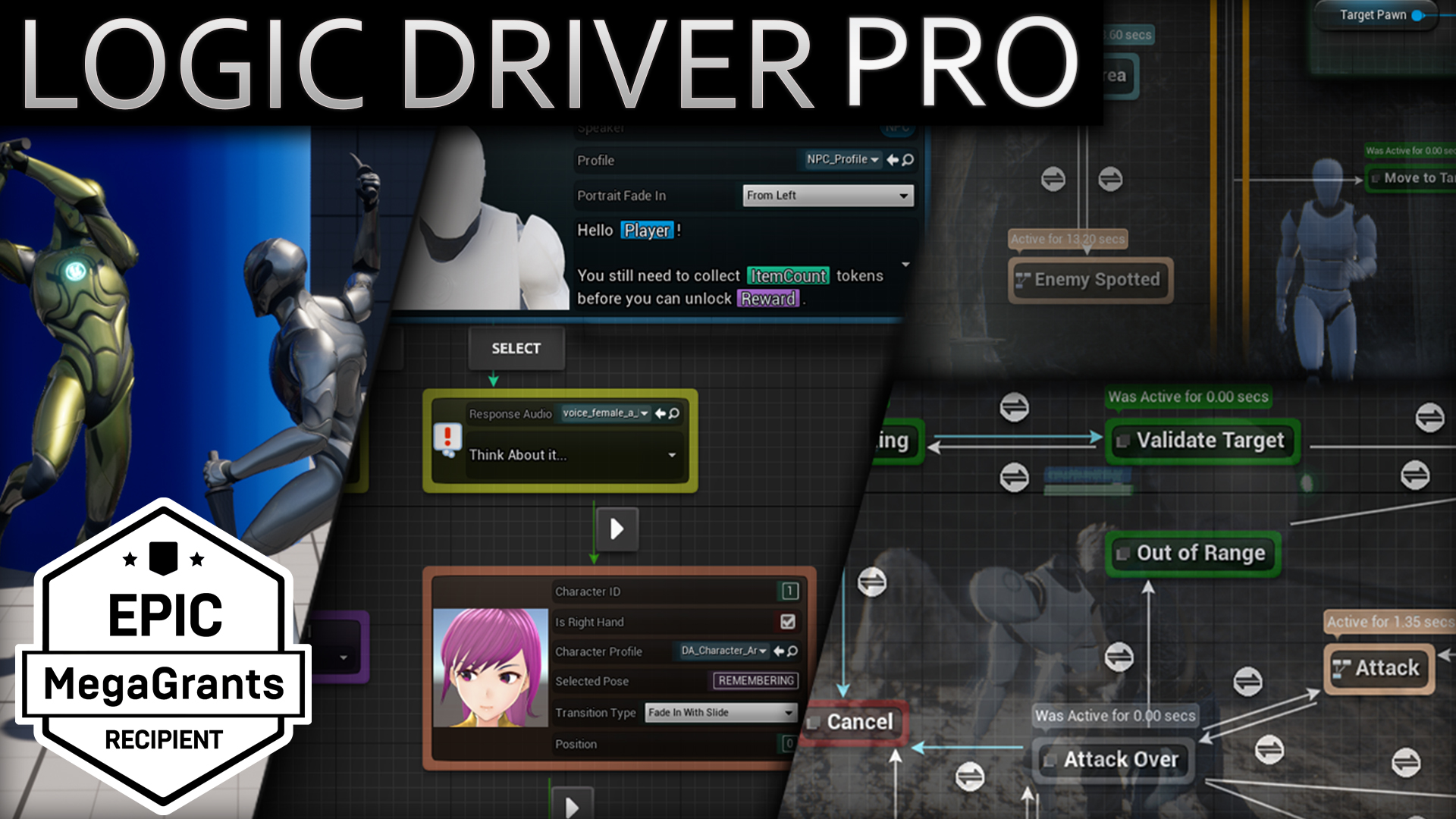 Logic Driver Pro state machines authoring dialogue, AI behavior, and combat across Unreal Engine projects